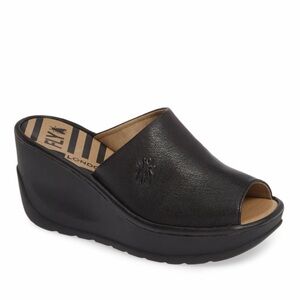 Fly London Jamb Black Leather Wedge Sandals Size 40 Peep Toe Platform